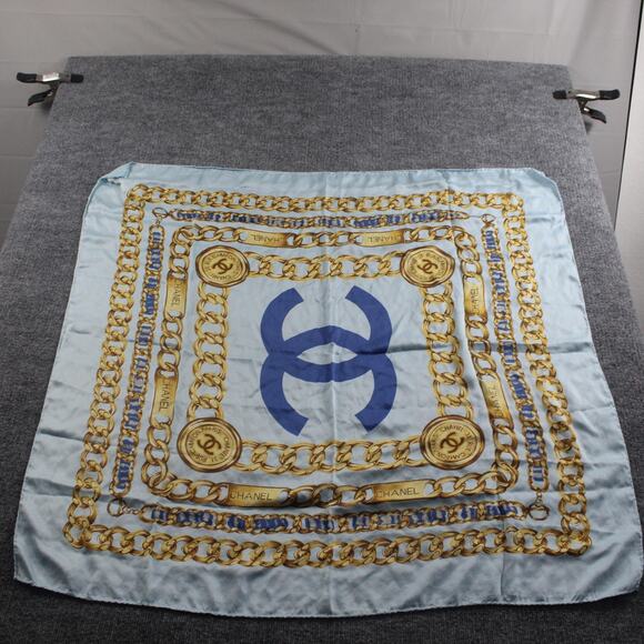 Vintage Chanel Silk Scarf One Light Blue Chain Print Made in Italy CC Logo - Picture 1 of 7